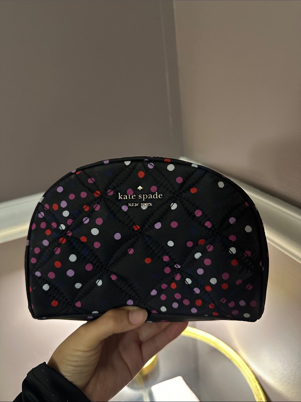 kate spade Black Quilted Cosmetic Pouch with Multicolor Polka Dots